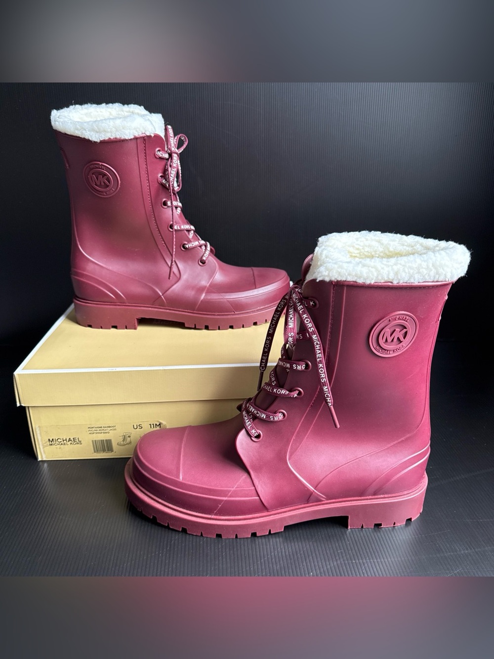 NIB Michael Kors Dark Berry Montaigne PVC Laced Rain Boots Women's Size 11